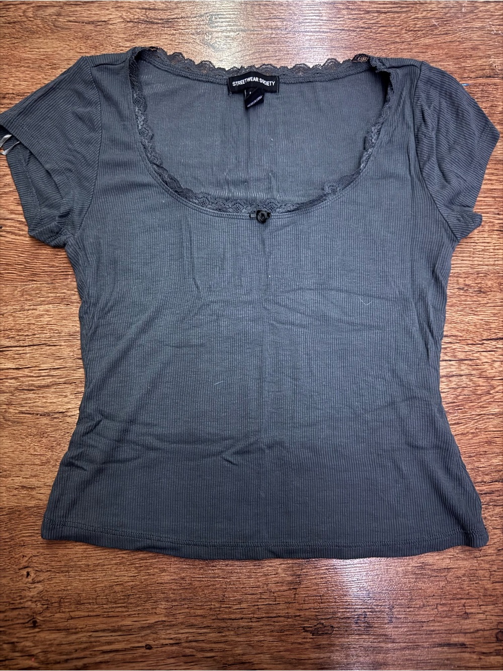 Streetwear Society Black Ribbed Lace-Trim Short Sleeve Scoop Tee